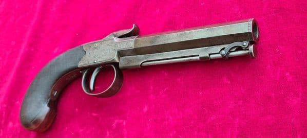 An unusual percussion pistol engraved Lt Col William Thompson Bank of England, by Mortimer. Ref 3457